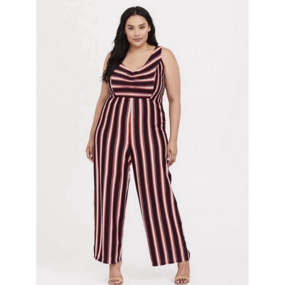 Torrid Jumpsuit 1X Striped Wide Leg V-Neck Ribbed Plus Size Patriotic Retro